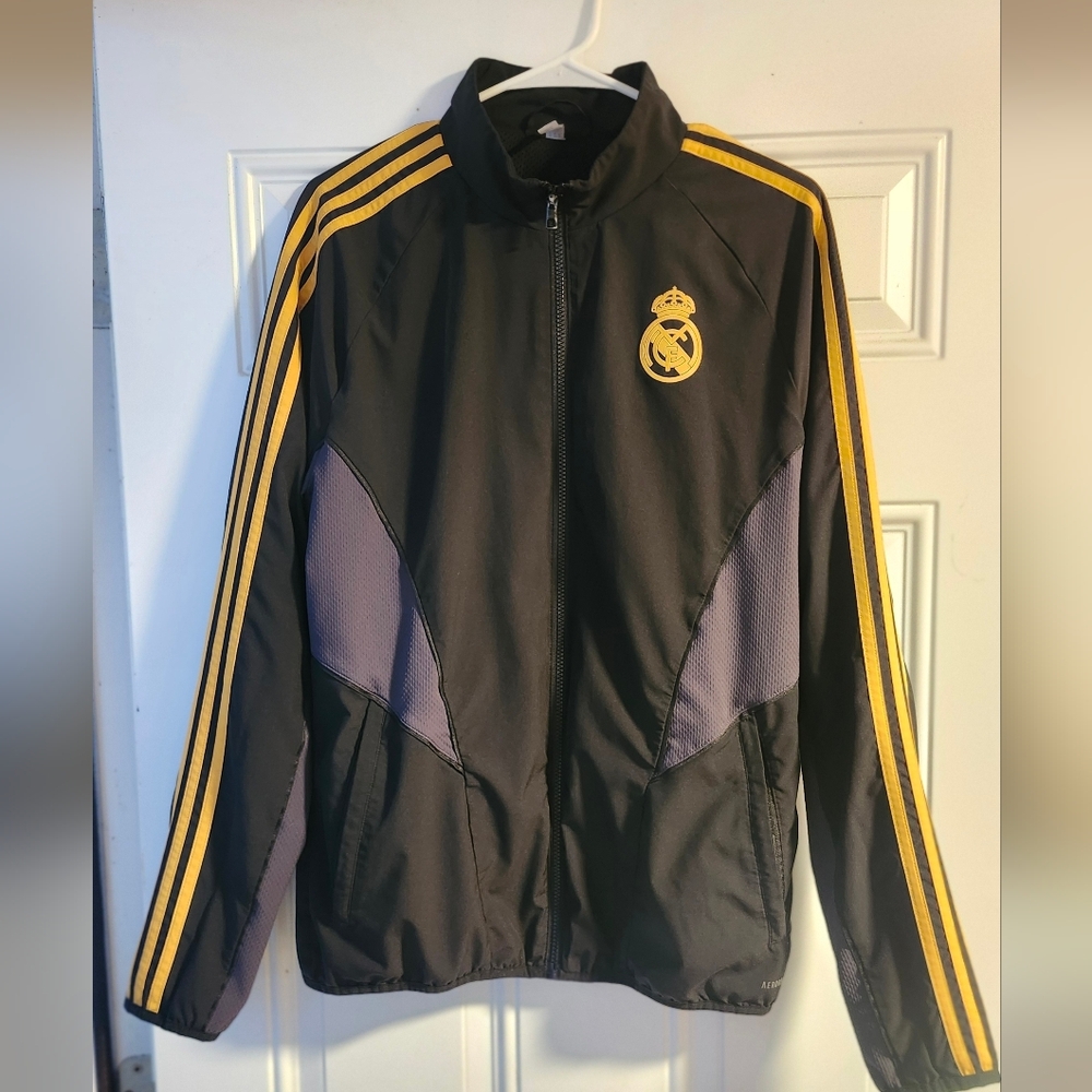 adidas Black and Gold Windbreaker Jacket for Men's Real Madrid Soccer Futbol